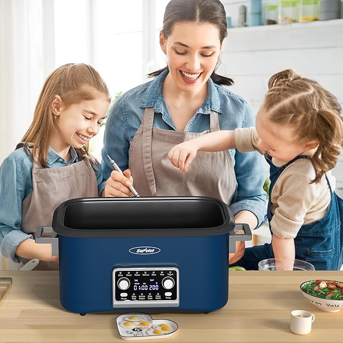 Sunvivi 8 Quart Slow Cooker Roaster Oven, 12 in 1 Programmable Multi-Cooker Food Warmer with Digital Timer, Temp Control, Removable Cast Aluminum Pot & Dishwasher-Safe Tempered Glass Lid, Blue