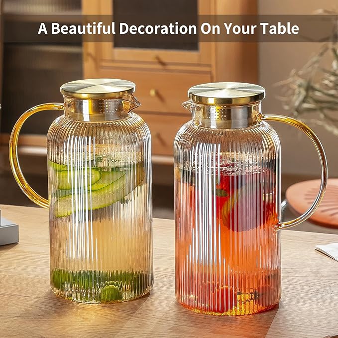 Glass Pitcher with Lid, 68 oz/ 2 Liter Amber Classic Vertical Stripes Water Pitcher,Glass Water Carafe for Cold Brew, Coffee, Lemonade, Iced Tea,Beverage, Heat Resistant Water Glass Jug