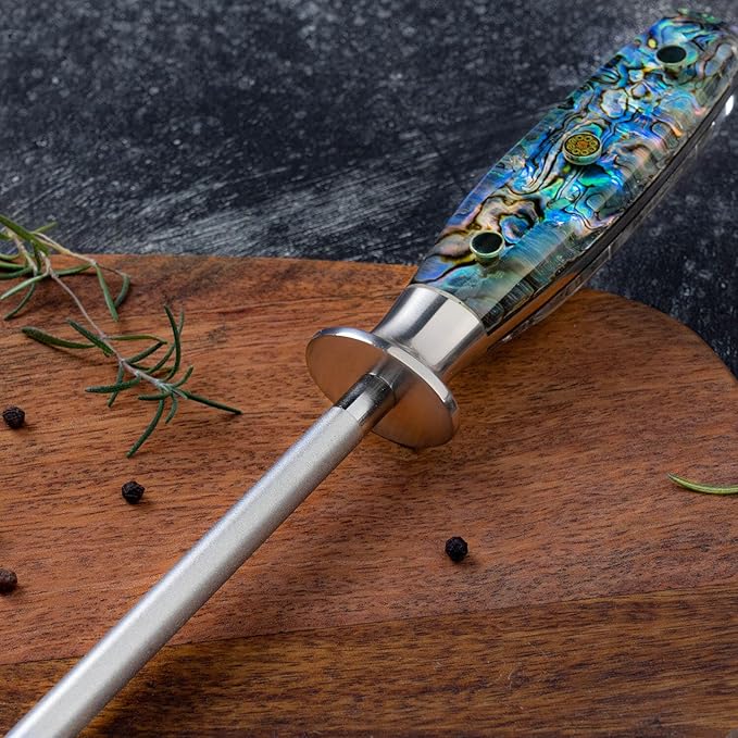 SENKEN Professional Emery Knife Sharpening Steel - Incredibly Strong Emery Rod for Sharpening & Honing Knives Up to 63 HRC Including All Damascus Knives ("Umi" Abalone Shell)