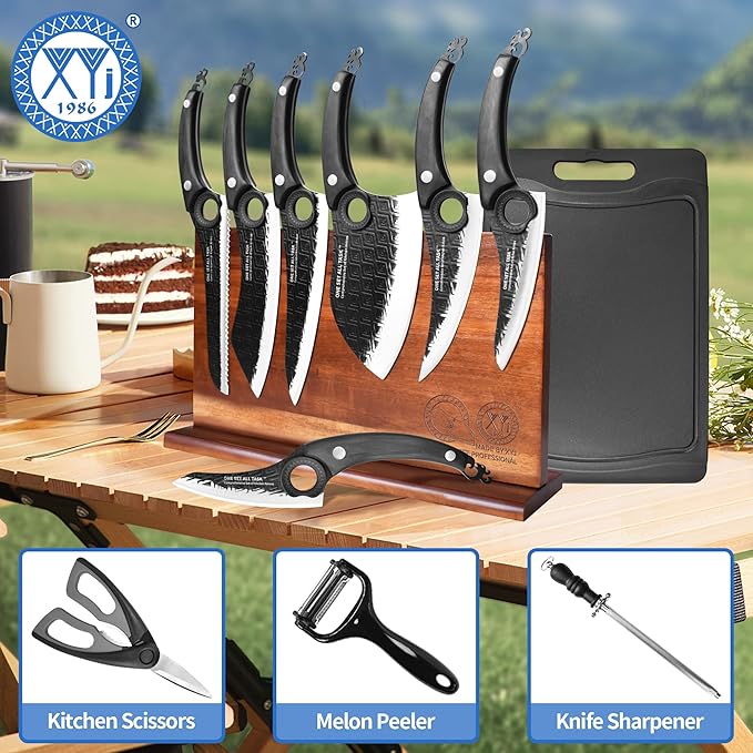 XYJ Authentic Since 1986,Kitchen Knife Block Set,High Carbon Steel Blades,Knives Set with Wooden Magnetic Knife Block,Sharpening Steel,Cutting Board,Cleaver Slicing Knife,Wood Handle