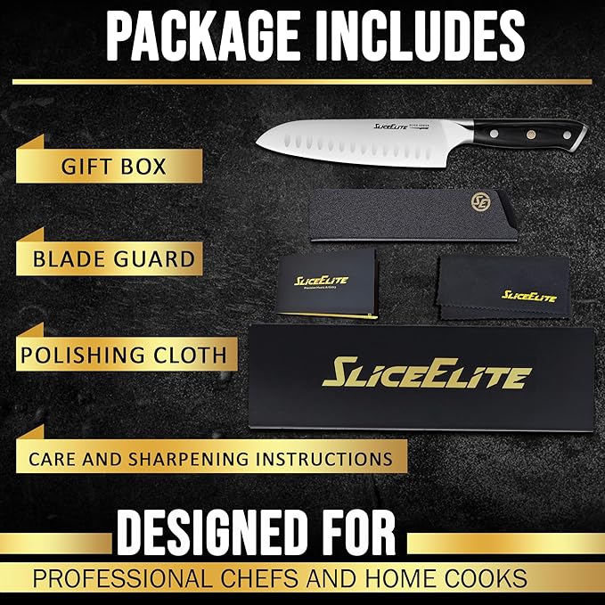 SliceElite Slice Series 7 Inch Santoku Knife High Carbon German Steel Blade Full Tang Pakkawood Handle Polymer Blade Guard Sharp Kitchen Knife for Meat Cutting Chopping BBQ Cooking Chef Vegetable