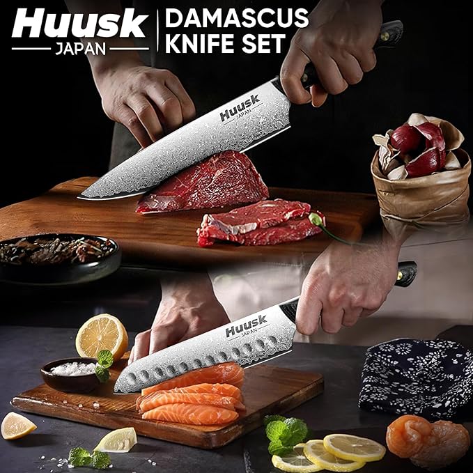 Huusk Damascus Chef Knife Set - 3 PCS VG10 Santoku & Utility Knives with Ebony Handles, Paring Knife for Meat, Fruit, Vegetables - Dad Mom Gift