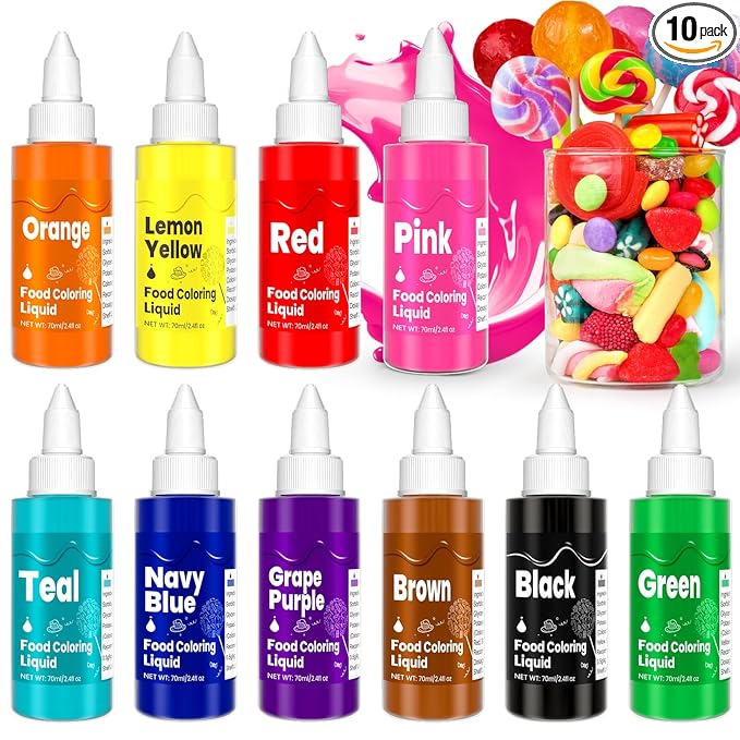 Food Coloring Liquid -10 Colors x 70ml Food Dye Set, Large Capacity Vibrant Edible Paint for Frosting, Cake Decorations, Easter Egg, Baking, Fondant, Slime Making Kit, Easy to Use - 24 Fl. oz