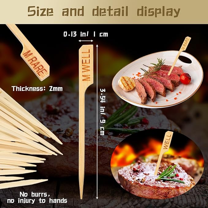 Soaoo 1000 Pcs 3.5" Assorted Bamboo Wood Temperature Picks Steak Temperature Sticks Meat Doneness Steak Markers Bamboo Paddle Skewers Sticks for BBQ Barbecue Party Cocktail Fruit Grilling Roasting
