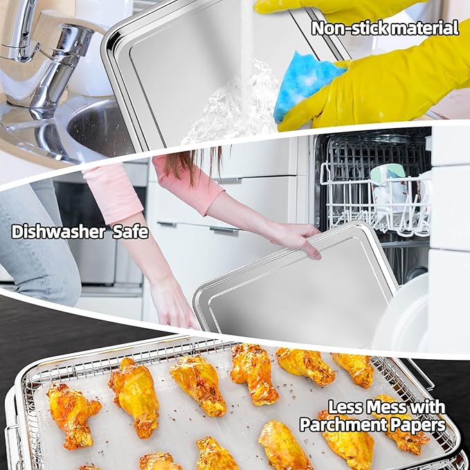 Air Fryer Basket, 2 Set Air Fryer Pans and Tray for Oven with 60 PCS Parchment Papers, DEGOVIN Non-stick Stainless Steel Oven Air Fryer Basket and Tray-18.8" x 12.8"Extra Large &15.7" x 11.6"Large
