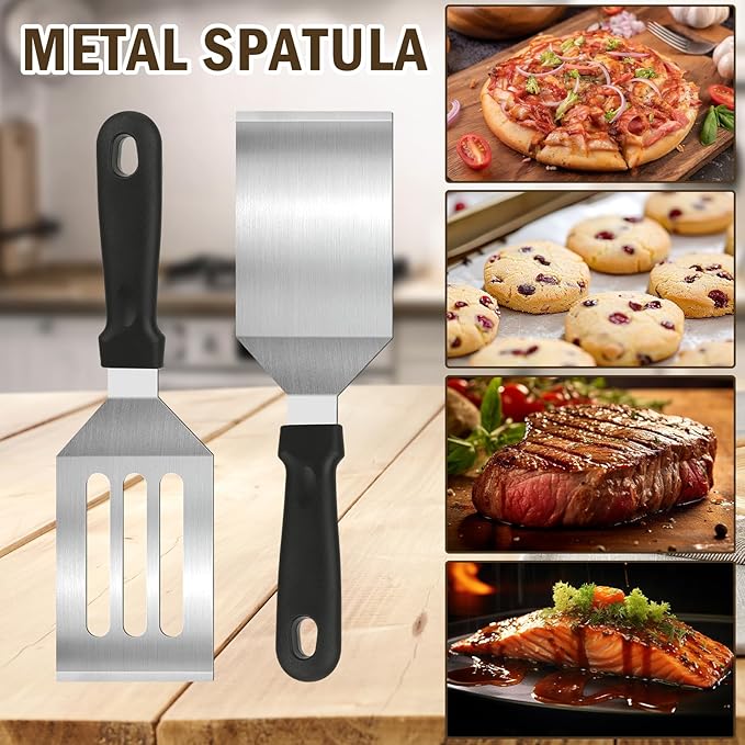 4-Pack Stainless Steel Spatulas for Cast Iron Skillet - Heat Resistant Handle Metal Turner & Scraper Set for Griddle, Pancakes, Burgers and Regular Cookware