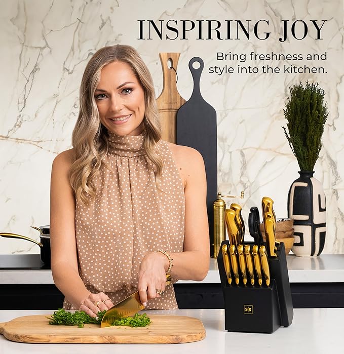 Styled Settings 14-Piece Knife Set with Block & Built-In Sharpener – Ultra-Sharp Full Tang Kitchen Knives – Premium Cooking & Prep Essentials, Gold Handle, Gold Blade & Black Block