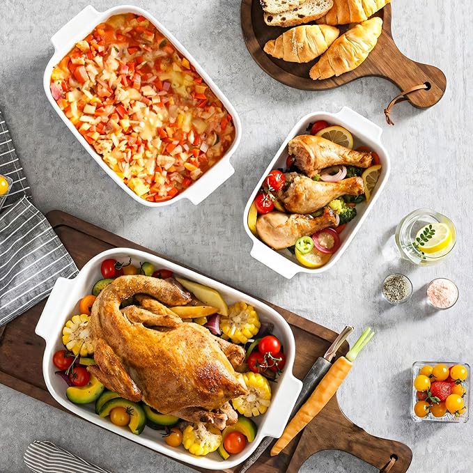 Ceramic Bakeware Set, Porcelain Rectangular Lasagna Pans Casserole Dish Set for Baking, Cooking, Kitchen, Cake Dinner, Banquet and Daily Use, Stackable Nesting, 3 PCS (cream white)
