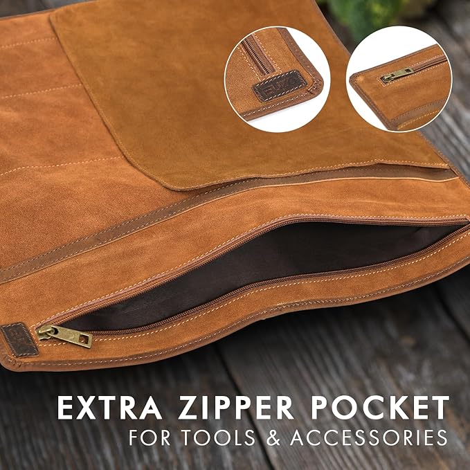 ELIZO Leather Knife Roll Bag Professional Chef Knife Case, Durable Knife Sheath Holder, Cooks & Culinary Tools Carrying Storage, Portable Knife Wrap - 4 Slots (Saddle BuckEye)