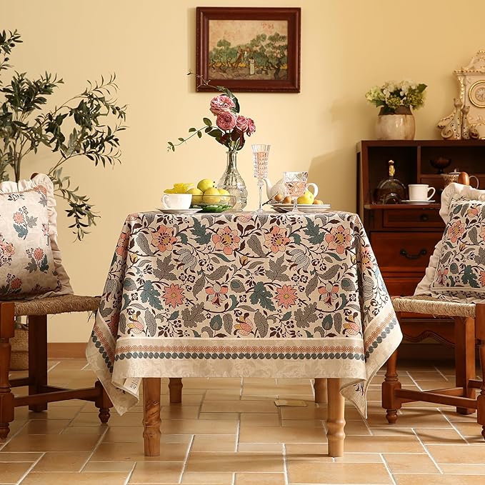 ISAENNE Designer Boho Floral Extra Long Tablecloth Rectangle,Linen Lotus Flower Pattern Colorful Table Cloth,Durable Decor Tablecloths for Dining Thanksgiving Kitchen Christmas,67"*118"-Hazel A