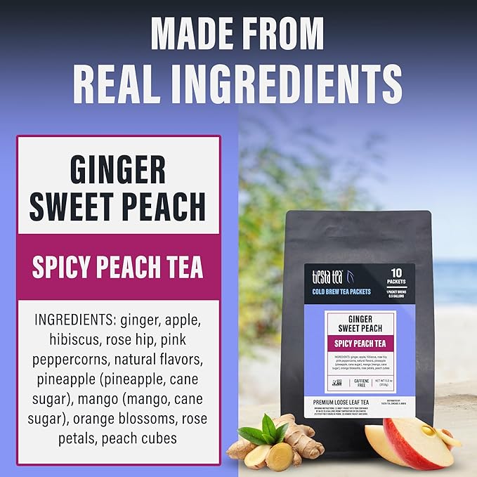 Tiesta Tea - Ginger Sweet Peach Cold Brew Tea, Loose Leaf, Spicy Peach Herbal Blend, Premium Non-Caffeinated Iced Blend, Cold Brew Packets, Makes 64 oz of Pitcher Per Bag (Pack of 10)