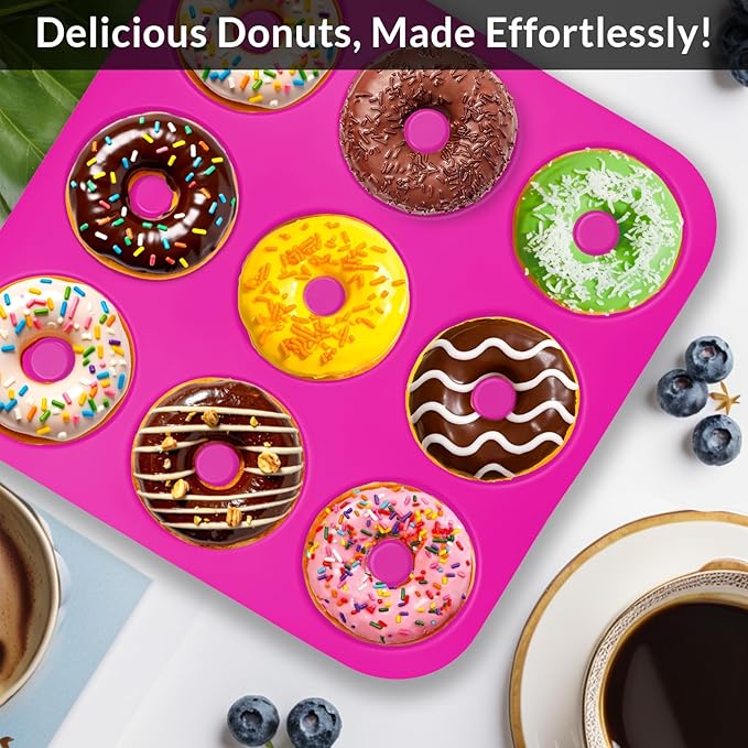 Large Silicone Donut Pan for Baking, 9 Cavity Non-Stick Food Grade Silicone Donut Molds, Doughnut Pan and Bagel Pans for Baking & Kitchen, BPA Free 11.2 x 11.1 Inches, Dishwasher Safe - Hot Pink