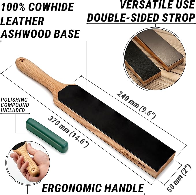 BeaverCraft Leather Strop for Knife Sharpening - Dual-Sided Knife Strop with Stropping Compound Kit - Honing Strop Block 14" for Woodcarving Tools, Chisel Knife Sharpening Kit Leather Sharpener LS6P1