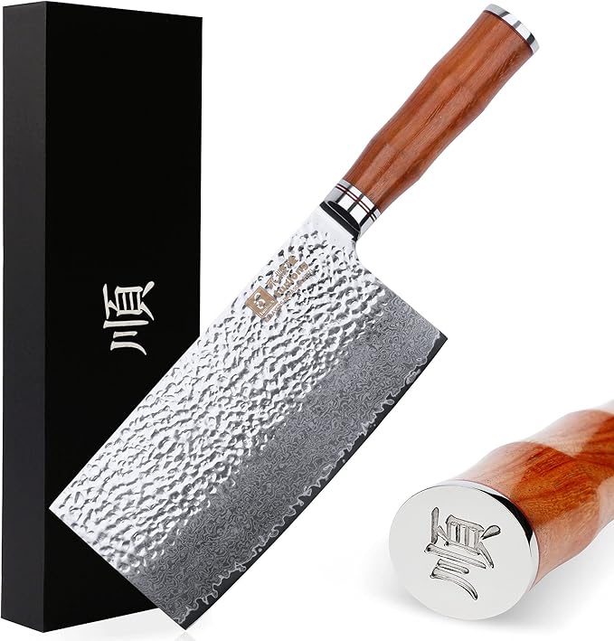 SUNLONG Meat Cleavers 7 inch Damascus Vegetable Cleaver Japanese Hammered Damascus Steel Bloodwood Handle