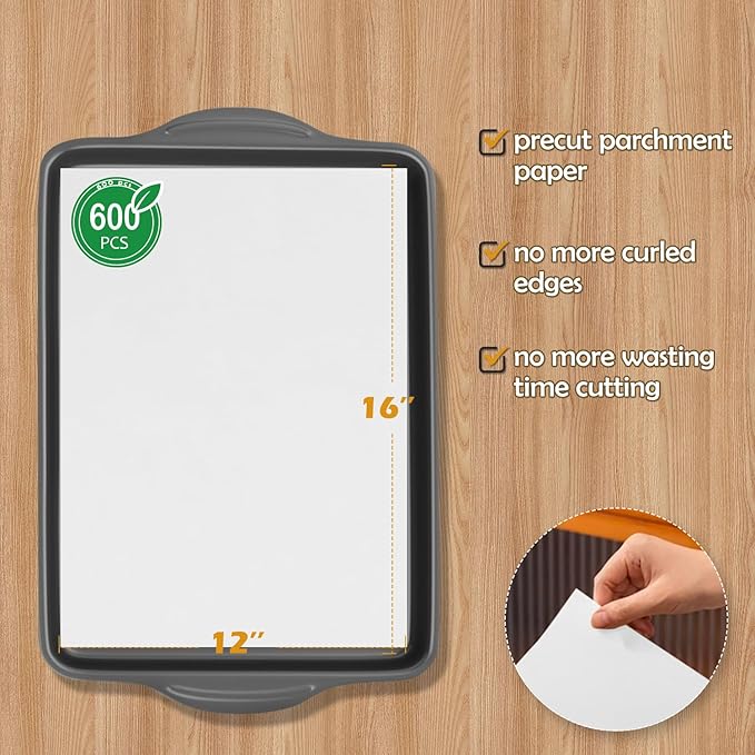 600Pcs Unbleached Parchment Paper Sheets for Baking, 12 x 16 Inch, Non-Stick Precut Half Sheet Parchment Paper for Baking, Cooking, Air Fryer, Oven (white-12" x 16"-600pack)
