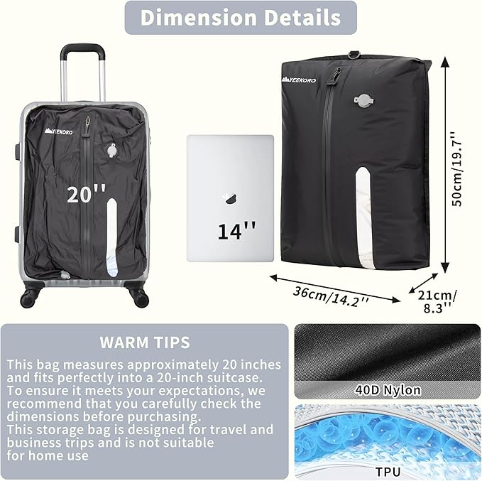 Vacuum Bag for Travel, Professional IPX8 Waterproof Reusable Vacuum Compression Bags for Travel Suitcases, Durable Space Saver Bag(2 PACK,With Pump)
