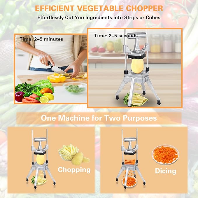 Hakka Commercial Vegetable Chopper French Fry Cutter w/3 Replacement Blades Commercial Onion Slicer Heavy Duty Potato Cutter Carrots Dicer Stainless Steel, include 3 Blades(1/2", 3/8", 1/4")