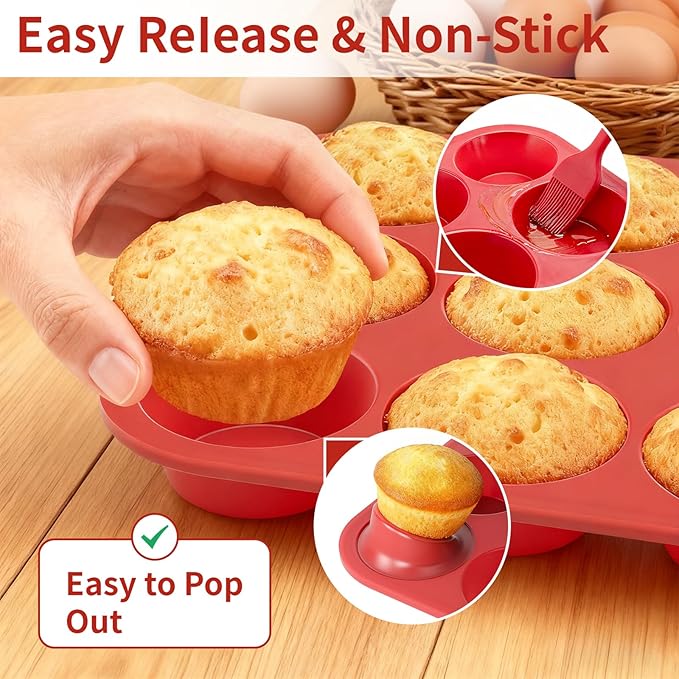 Silicone Muffin Pan with Metal Reinforced Frame,2 Pcs 2.9" Regular Size 12 Cups Egg Bite Mold,Non-Stick,Easy Release,For Egg Muffins, Cupcakes, Large Muffins,Cheesecakes(Orange + Red)