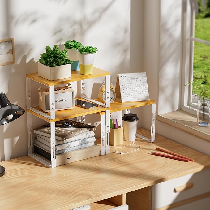 Kitchen Cabinet Organization Shelf，Set of 2 Height Adjustable Storage Racks，Stackable，Expandable，Countertop Shelves Organizer，Pantry Shelving(2PACKS/Large/White)