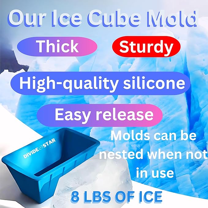 Extra Large Ice Molds 32LB – Set of 4 Silicone Ice Makers for Ice Baths & Cold Plunge, Reusable Giant Ice Cube Blocks, Home & Outdoor Coolers, Freezer Accessories, plus DIVIDE STAR 14-grid Ice Mold