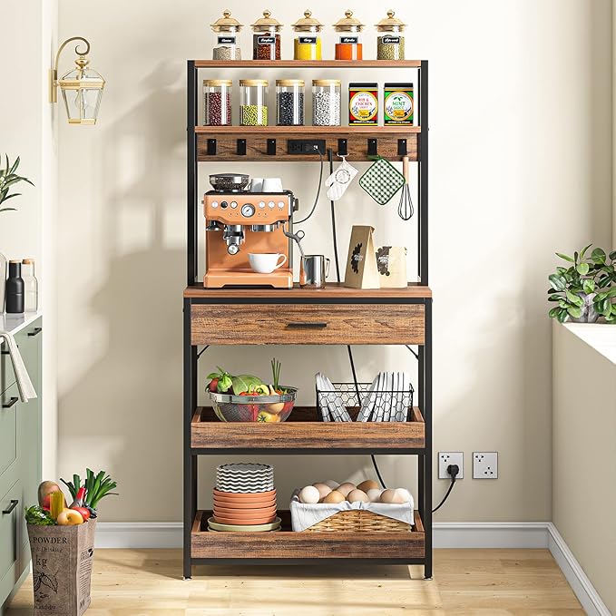 LITTLE TREE Kitchen Baker’s Rack with Power Outlets, Freestanding 5-Tier Microwave Stand with Drawers & Sliding Shelves, Coffee Bar with 6 Hooks for Dining Room Living Room, Rustic Brown