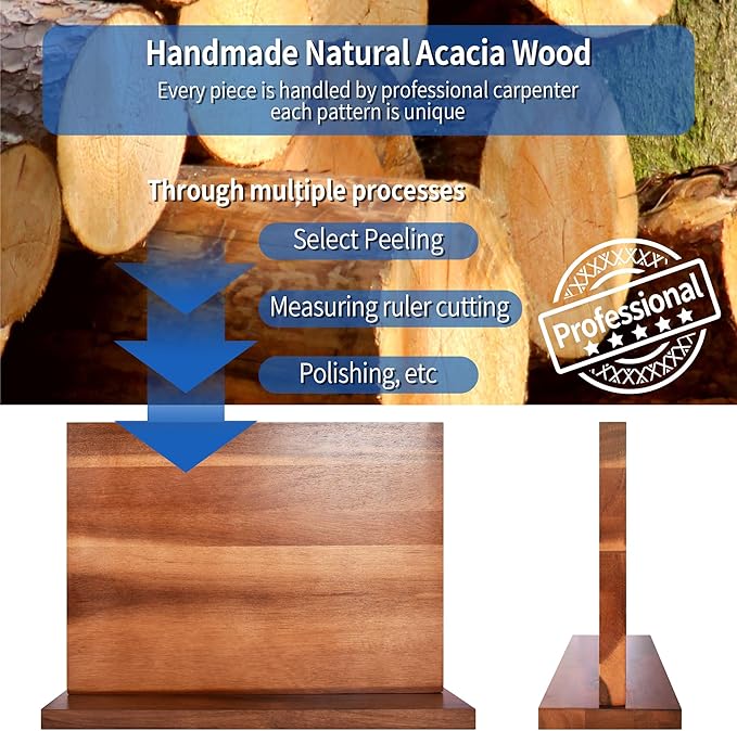 XYJ Extra Large Magnetic Knife Block Acacia Wood Knife Set Holder Stand With Stronge Magnetic Strip Kitchen Knives Storage Rack Organizer Tools No Drilling
