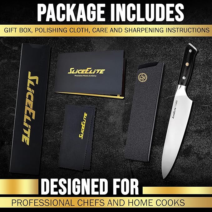 SliceElite Slice Series 8 Inch Chef Knife High Carbon German Steel Blade Pakkawood Handle with Polymer Blade Guard Professional Sharp Kitchen Knife for Meat Cutting Vegetable BBQ Cooking Chopping