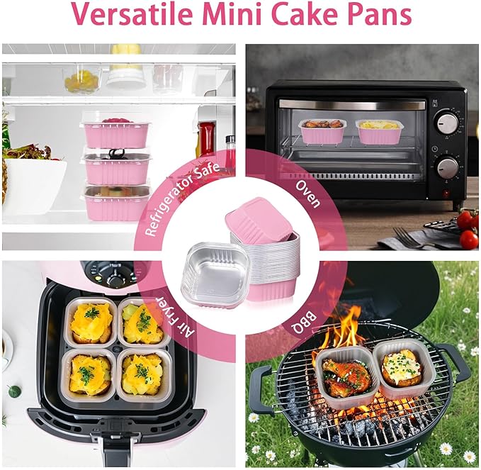 FORBFAN 150 Pcs Square Mini Cake Pans with Lids, 10 oz Individual Mini Loaf Pans, 4.4x4.4 Pink Aluminum Foil Cupcake Baking Cups