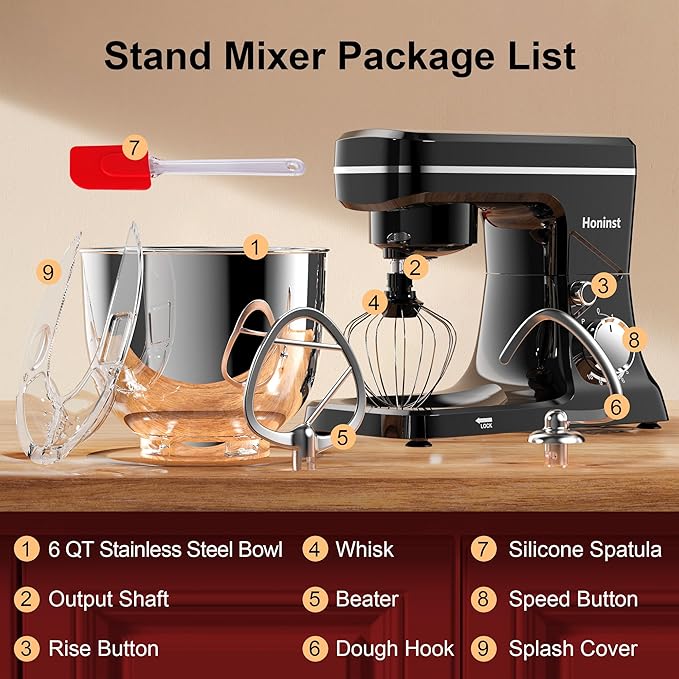 Stand Mixer, 10-Speed Kitchen Electric Mixer, 6QT Food Mixer with 8-in-1 Splash Guard, Dishwasher-Safe Dough Hook/Whisk/Beater/Spatula, Dough Mixers for Baking, Black