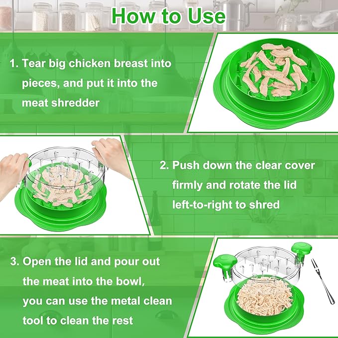 Chicken Shredder Large Chicken Breast Shredder Tool Twist with Brush&Fork, Visible Meat Shredder Machine, Strong Anti-Slip Strip, Ergonomic Handle, BPA Free, Suitable for Pork Beef Chicken(Green)