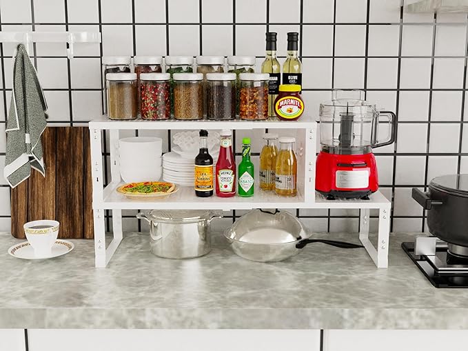Adjustable Expanable Stackable Spice Rack Shelf Pantry Storage Organizer for Kitchen Cabinet,Countertop,Bathroom and More.Space is no Longer Limited(2Packs/White/Large)