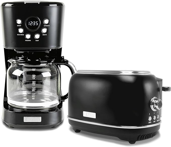 Haden 12 Cup Programmable Drip Coffee Maker Coffee Machine Bundled with Heritage 2 Slice Wide Slot Stainless Steel Toaster, Turquoise & Chrome