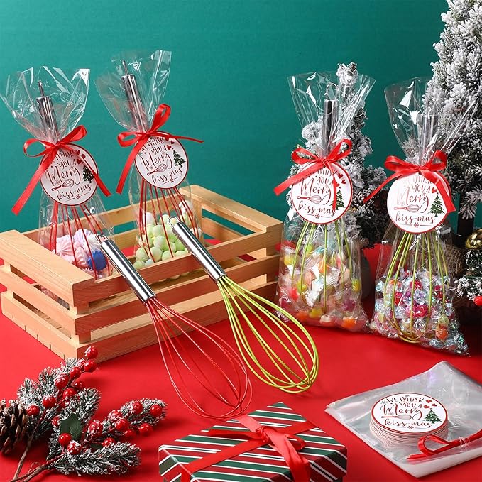 24 Sets 12 Inch Christmas Whisks Gifts DIY Fillable Christmas Tree Ornaments Xmas Colored Silicone Whisks for Cooking Heat Resistant Egg Beaters with Card Rope Bag for Candy Holder