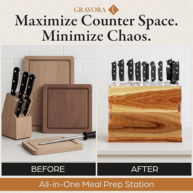 3 in 1 Magnetic Knife Block Stand - Wooden Magnetic Knife Holder with Strong Magnets, 14"x10" Cutting Board, Knife Sharpener - Acacia Display Holder Double Sided Storage Rack Magnets for Knives