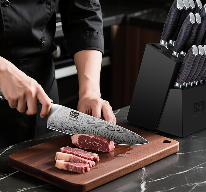 SHAN ZU 16 Pieces Knife Set, Knife Block Set in Powder Steel, Ultra Sharp Kitchen Knives Set, High Hardness Japanese Knife Set with Ergonomic Pakkawood Handle, Chef Knives Set for Kitchen Cooking