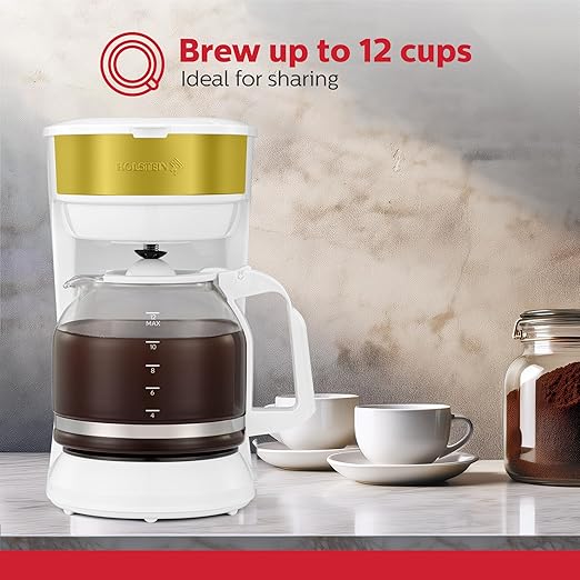 Holstein Housewares 12-Cup Coffee Maker, 61oz Drip Coffee Machine with Glass Carafe, Auto Pause & Serve, Compact Design – Ideal for Home, Office & Travel Coffee Brewing, White and Gold