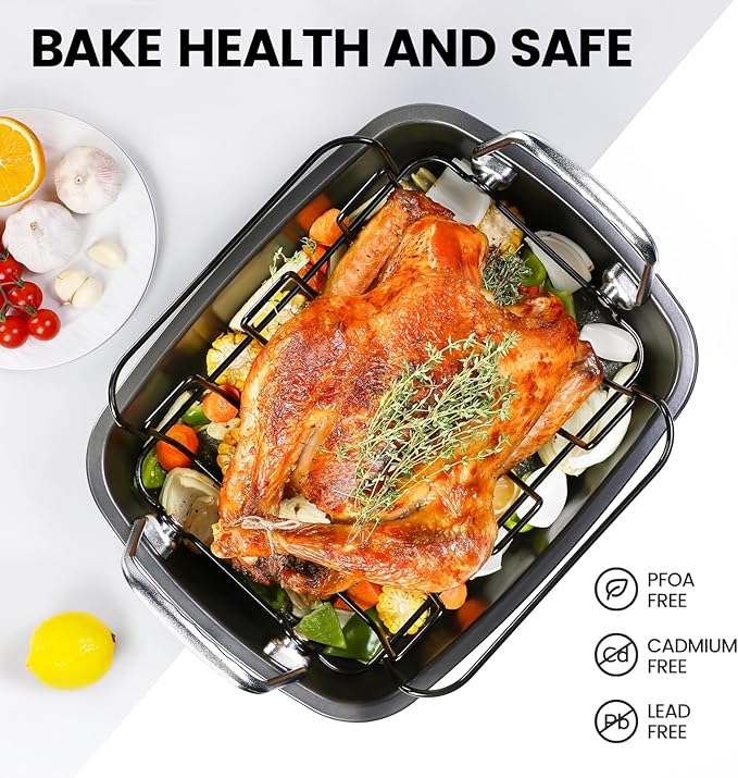 Nonstick Roasting Pan with Rack, Turkey Roasting Pan for Oven, Large Roaster Pan with Handle for Chicken, 17 X 13 Inch, Carbon Steel, Dark Grey