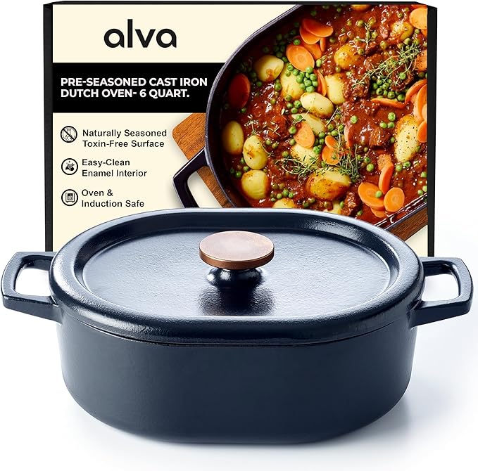 Alva Nori 6-Qt Enameled Cast Iron Dutch Oven – Made With No PTFE/PFOA/PFAS, Oven & Induction Safe – 3-Layer Enamel, No Seasoning Needed – Durable, Easy-Clean Cookware for Healthy Cooking, Black