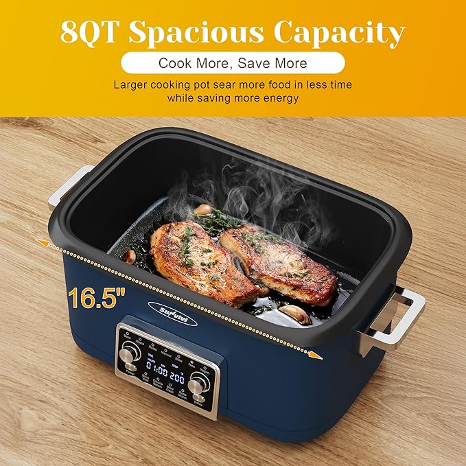Sunvivi 8 Quart Slow Cooker Roaster Oven, 12 in 1 Programmable Multi-Cooker Food Warmer with Digital Timer, Temp Control, Removable Cast Aluminum Pot & Dishwasher-Safe Tempered Glass Lid, Blue