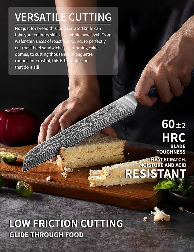 8” Bread Knife Serrated Kitchen Chef Knife- Damascus Steel & Resin Handle - Xuan Series (Sapphire Blue)