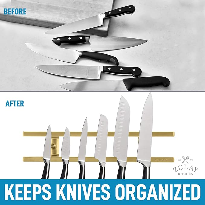 Zulay (12 Inch) Stainless Steel Magnetic Knife Holder For Wall - Powerful Knife Magnetic Strip With Extra Hanging Hooks - Wall Mount Magnetic Knife Strip & Organizer For Kitchen & Tools (Gold)