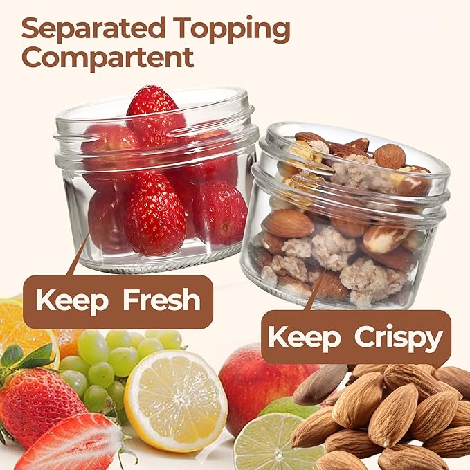 ComSaf Overnight Oats Containers with Lids (16oz+4oz, 4Pcs), Dual-Laryer Chia Pudding Jars with Dry and Wet Separation, Yogurt Parfait Cups for Oatmeal Cereal Nut Fruit, Meal Prep Glass Jars for Salad
