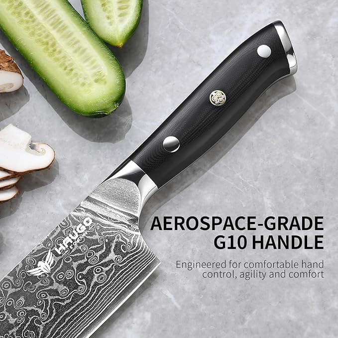 Damascus Knife Set - Haugo 3 PCS Professional Chef Knife Set with Japanese VG10 Steel Core - Ultra Sharp Kitchen Knives and Full Tang G10 Handle - Ronin Series - Gift Box