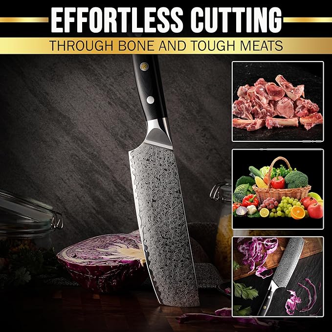 SliceElite Elite Series 7 Inch Nakiri Knife Damascus VG10 Core Forged G10 Handle Polymer Guard Japanese Chef Vegetable Chopping Cleaver Kitchen Knife Sharp Cutting Cooking Tomato Butcher Tool