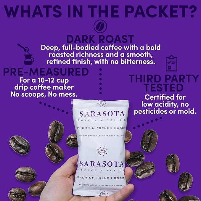 Sarasota Coffee Ground Packets | Gourmet Dark French Roast Ground Coffee Packs | Cubano European | Low Acid Mold Free Singles Individual Pouches for 12 Cup Coffee Maker | 2 Ounce Bags, 12 Count