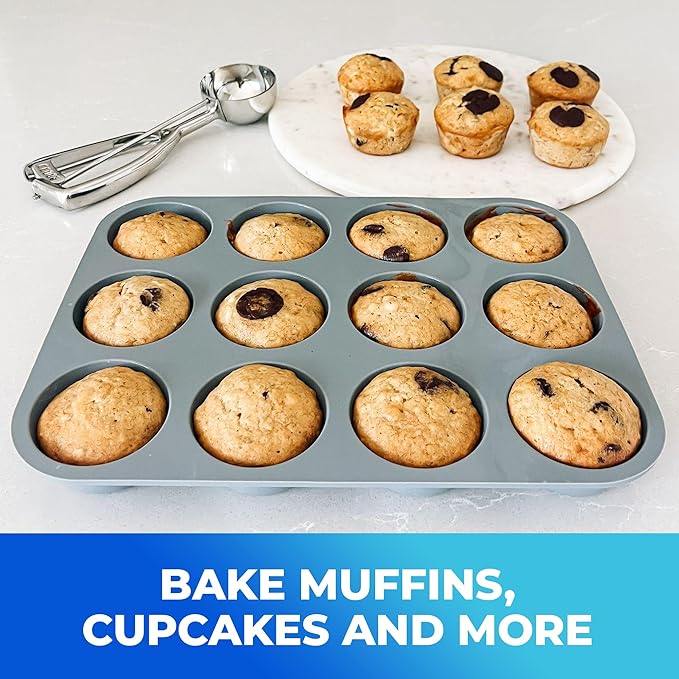 Jenaluca Silicone Cupcake & Muffin Pan for Baking - Set of TWO 12-cup pans, 12x9 Size, Non-stick, BPA Free, Dishwasher Safe - no cupcake liner needed