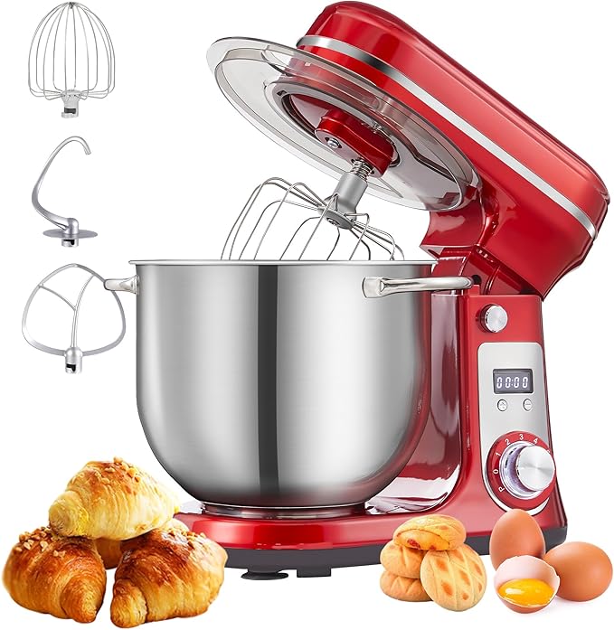 Biolomix Kitchen Electric Stand Mixer, 6 Speed Tilt Head Food Mixer with 6.5 QT Stainless Steel Bowl, Dough Hook, Flat Beater, Whisk and Anti Splash Cover, (6.5QT, Red)