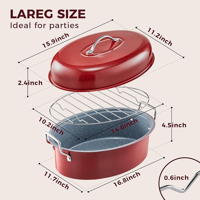 HONGBAKE 18 Inch Turkey Roasting Pan with Rack and Lid – Large Red Carbon Steel Roaster Pan for 20 lb Turkey, Oven Safe Baking Pan for Holiday Meals & Thanksgiving