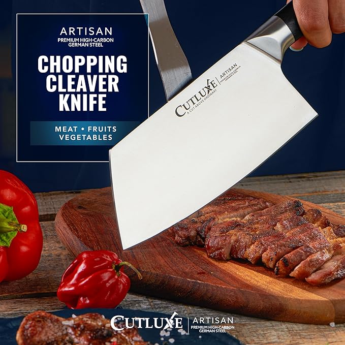 Cutluxe Meat Cleaver Knife - 7" Heavy Cleaver Butcher Knife, Razor Sharp German Steel Blade, Full Tang, Ergonomic Handle Design – Artisan Series