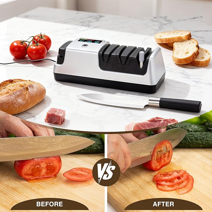 Silver Professional 3-Stage Electric Knife Sharpener for Kitchen Knives, LCD Screen, 100% Diamond Abrasive, Adjustable Rotational Speed, Precision Angle Guides for All Kitchen Knives